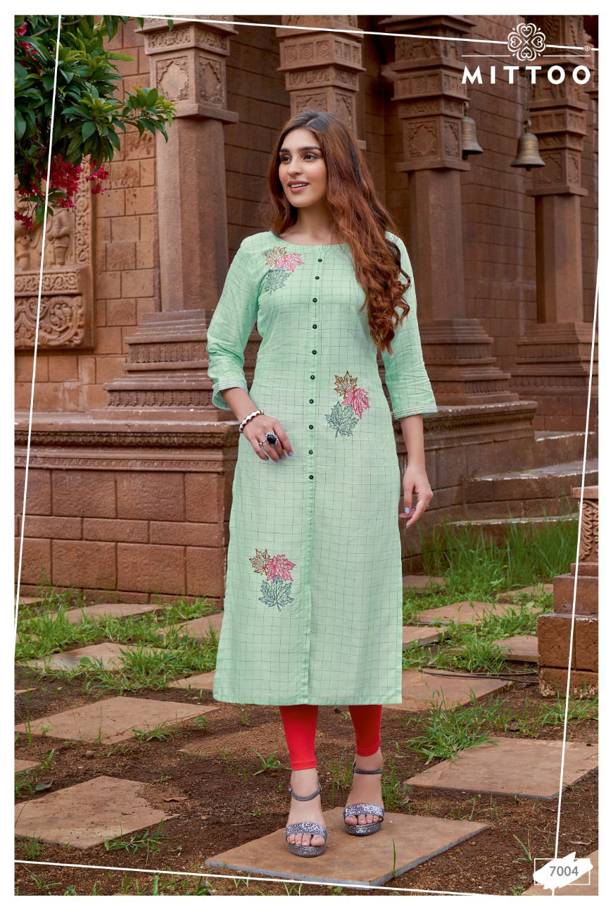Mitttoo Triveni Ethnic Wear Rayon Checks Work Designer Kurti Collection